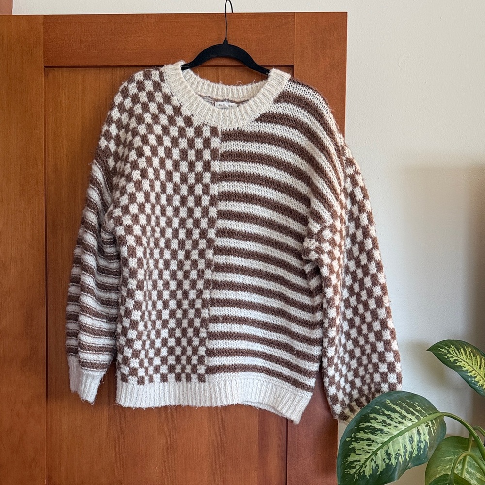 Women's Brown and White Checkered and Striped Sweater